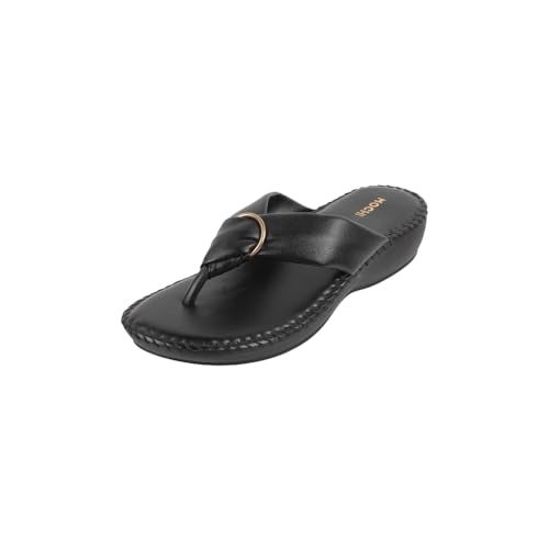 Mochi Women's Black Flat Comfort Thong Sandals/Slippers | Synthetic Leather Slip On Footwear | Lightweight Cushioned Daily Wear | Casual Comfortable Stylish Elegant Wear | UK 3 - Image 1