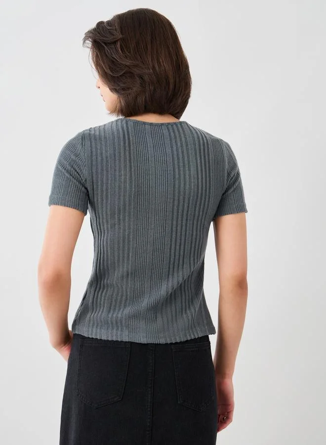 Take Two Take Two Textured Striped Knitted Buttoned Top