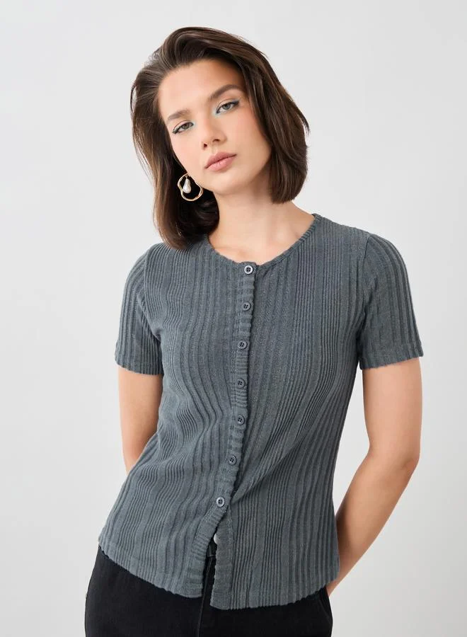 Take Two Take Two Textured Striped Knitted Buttoned Top