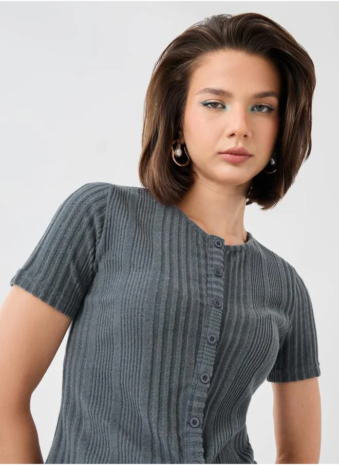 تايك تو Take Two Textured Striped Knitted Buttoned Top