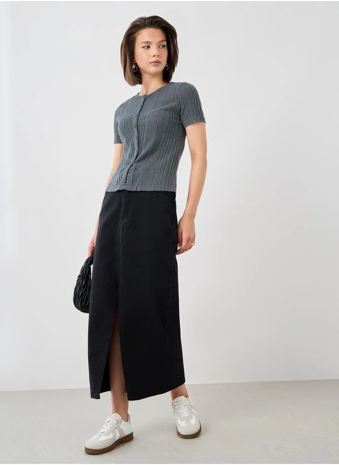 تايك تو Take Two Textured Striped Knitted Buttoned Top