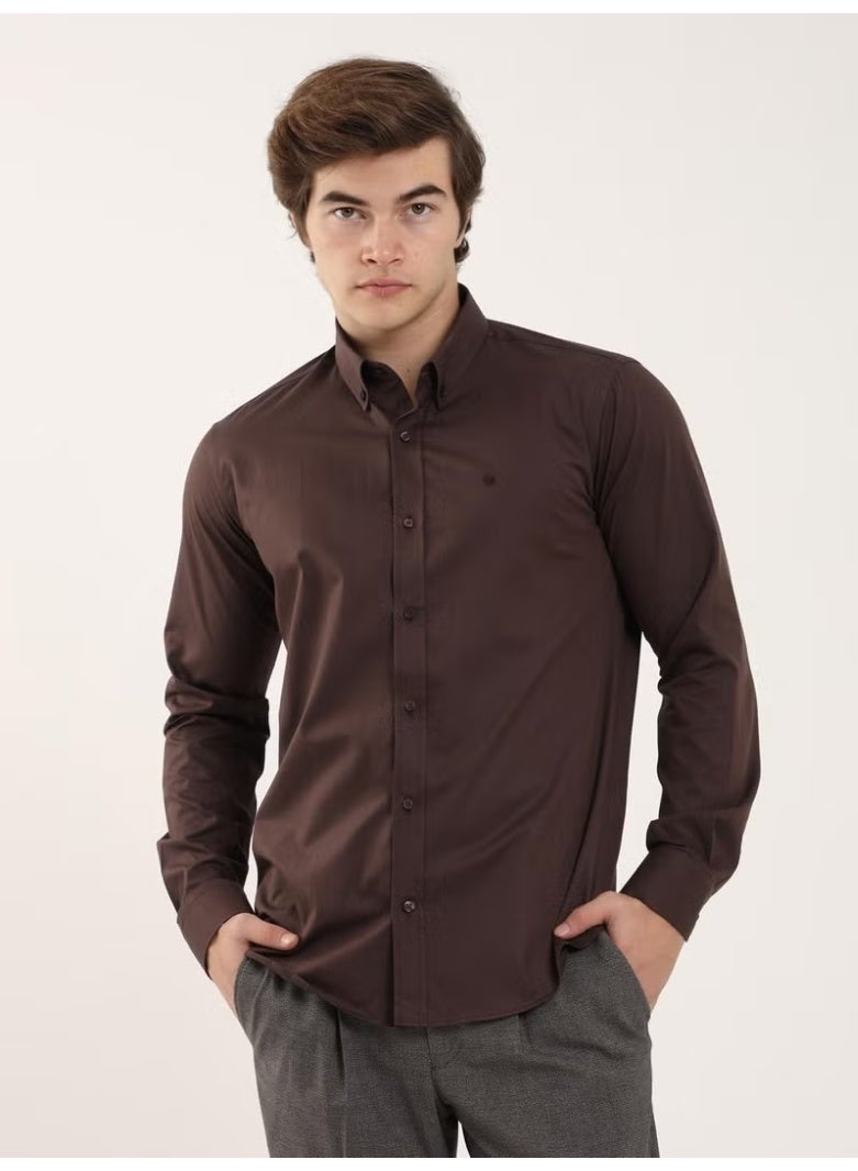 Dufy قميص بني للرجال بقصة ضيقة بأزرار وأكمام طويلة - Image 1