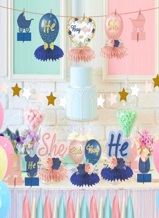 Parfundg 12 Pieces Gender Reveal Decorations Honeycomb Centerpieces Boy or Girl Table Toppers, He or She Gender Reveal Theme Honeycomb Party Supplies, Navy Blush Pregnancy Announcement Baby Shower Party Décor - Image 3