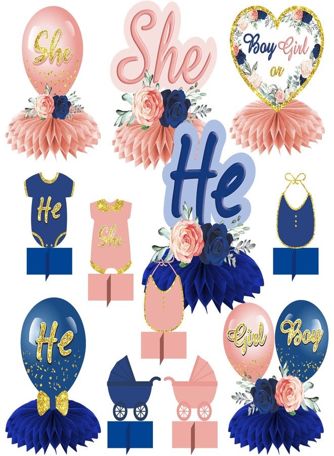 Parfundg 12 Pieces Gender Reveal Decorations Honeycomb Centerpieces Boy or Girl Table Toppers, He or She Gender Reveal Theme Honeycomb Party Supplies, Navy Blush Pregnancy Announcement Baby Shower Party Décor - Image 1