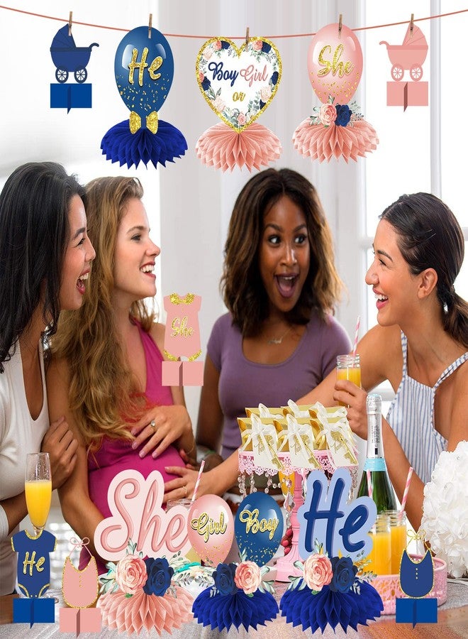 Parfundg 12 Pieces Gender Reveal Decorations Honeycomb Centerpieces Boy or Girl Table Toppers, He or She Gender Reveal Theme Honeycomb Party Supplies, Navy Blush Pregnancy Announcement Baby Shower Party Décor - Image 4