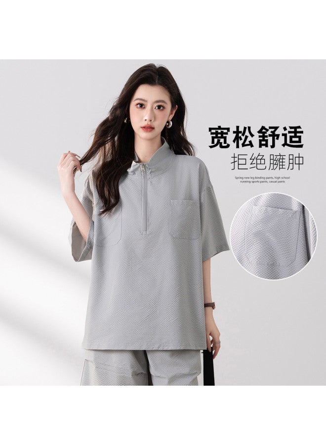 Baleno Women's Casual Half-zip T-shirt fashionable & Versatile Short Sleeve Top summer Loose Fit Slimming Tee With Pocket Design - Image 2
