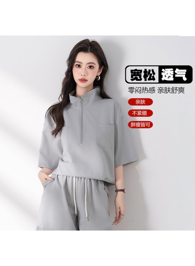 Baleno Women's Casual Half-zip T-shirt fashionable & Versatile Short Sleeve Top summer Loose Fit Slimming Tee With Pocket Design - Image 3