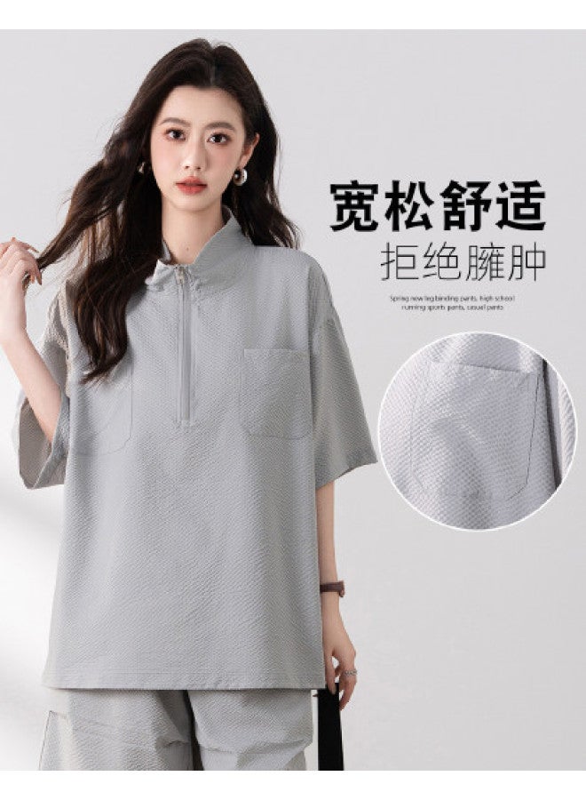Baleno Women's Casual Half-zip T-shirt fashionable & Versatile Short Sleeve Top summer Loose Fit Slimming Tee With Pocket Design - Image 1