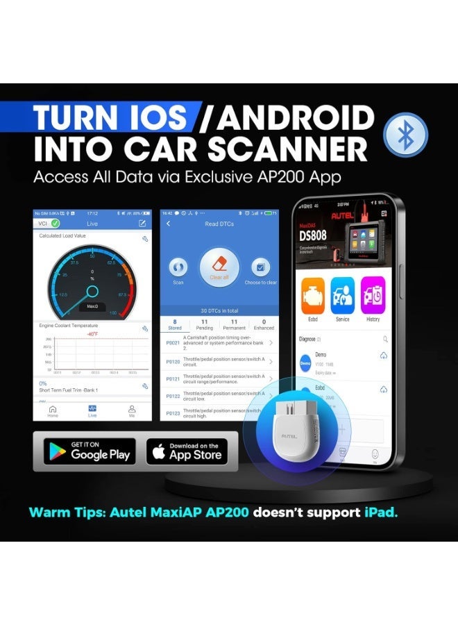 أوتل Autel AP200 ماسح OBD2 بلوتوث، قارئ أكواد مع تشخيص كامل لأنظمة السيارة و25 وظيفة صيانة، أداة فحص مركبة لجهاز iPhone وAndroid، النسخة الصغيرة من جهاز MK808 التشخيصي - Image 3