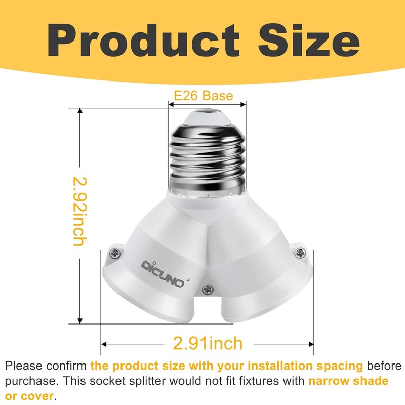 DiCUNO 2 in 1 E26 Socket Splitter Adapter, 2 E26 Standard Medium Base Bulbs in 1 Socket, Y-Shape Lamp Holder Converter, Maximum 200W and 165℃ Heat Resistant Light Bulb Splitter, 2-Pack - Image 2