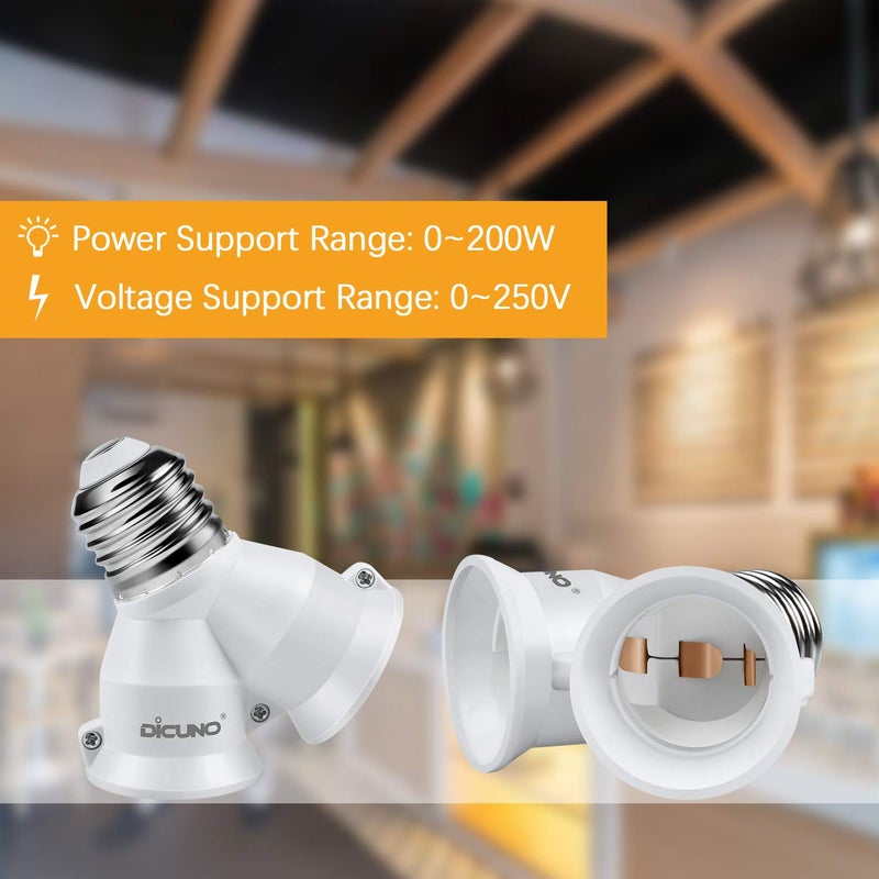 DiCUNO 2 in 1 E26 Socket Splitter Adapter, 2 E26 Standard Medium Base Bulbs in 1 Socket, Y-Shape Lamp Holder Converter, Maximum 200W and 165℃ Heat Resistant Light Bulb Splitter, 2-Pack - Image 4