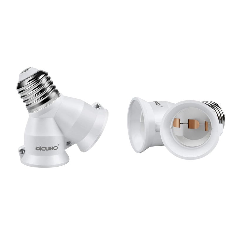 DiCUNO 2 in 1 E26 Socket Splitter Adapter, 2 E26 Standard Medium Base Bulbs in 1 Socket, Y-Shape Lamp Holder Converter, Maximum 200W and 165℃ Heat Resistant Light Bulb Splitter, 2-Pack - Image 1