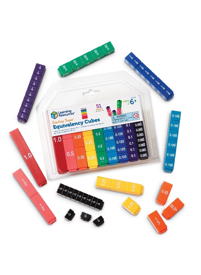Learning Resources Fraction Tower Equivalency Cubes, Colour-Coded Maths Manipulative Set, 51 Interlocking Pieces For Visualising Fractions And Equivalencies - Image 1