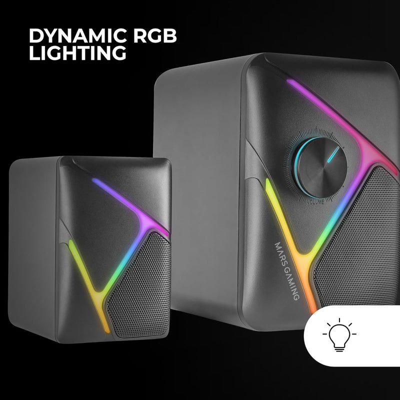 مارس_جيمنج Mars Gaming MS-H21، مكبرات صوت ألعاب RGB 2.1 ومضخم صوت بقوة 35 واط، نظام مكبرات صوت محيطية ثلاثية الأبعاد مقلوبة، مكبرات صوت RGB مضغوطة بإضاءة خلفية ديناميكية، طاقة USB وموصل جاك 3.5 مم، أسود - Image 4