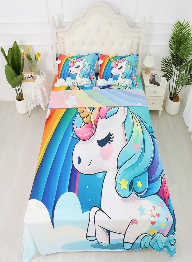 FUYEUN Unicorn Sheets Set Rainbow Unicorn Bedding Twin Size for Girls Kids Children Boys Teens Bedroom Bed - 1 Flat Sheet, 1 Fitted Sheet, 1 Pillowcase - Image 1