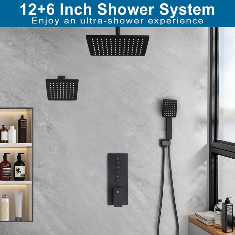 POP SANITARYWARE Black Shower Faucet Set Bathroom Rainfall Shower System, Ceiling Mount 12 Inch Shower Head with 6 Inch Wall Mount Shower Head × 2, Push Button Diverter, Include Shower Valve and Trim Kit, Matte Balck - Image 2