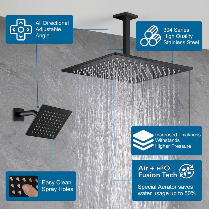POP SANITARYWARE Black Shower Faucet Set Bathroom Rainfall Shower System, Ceiling Mount 12 Inch Shower Head with 6 Inch Wall Mount Shower Head × 2, Push Button Diverter, Include Shower Valve and Trim Kit, Matte Balck - Image 3