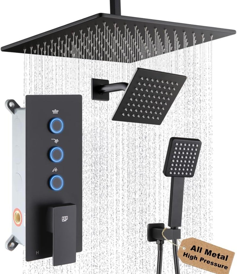POP SANITARYWARE Black Shower Faucet Set Bathroom Rainfall Shower System, Ceiling Mount 12 Inch Shower Head with 6 Inch Wall Mount Shower Head × 2, Push Button Diverter, Include Shower Valve and Trim Kit, Matte Balck - Image 1