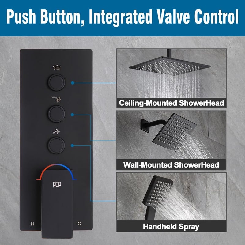 POP SANITARYWARE Black Shower Faucet Set Bathroom Rainfall Shower System, Ceiling Mount 12 Inch Shower Head with 6 Inch Wall Mount Shower Head × 2, Push Button Diverter, Include Shower Valve and Trim Kit, Matte Balck - Image 5