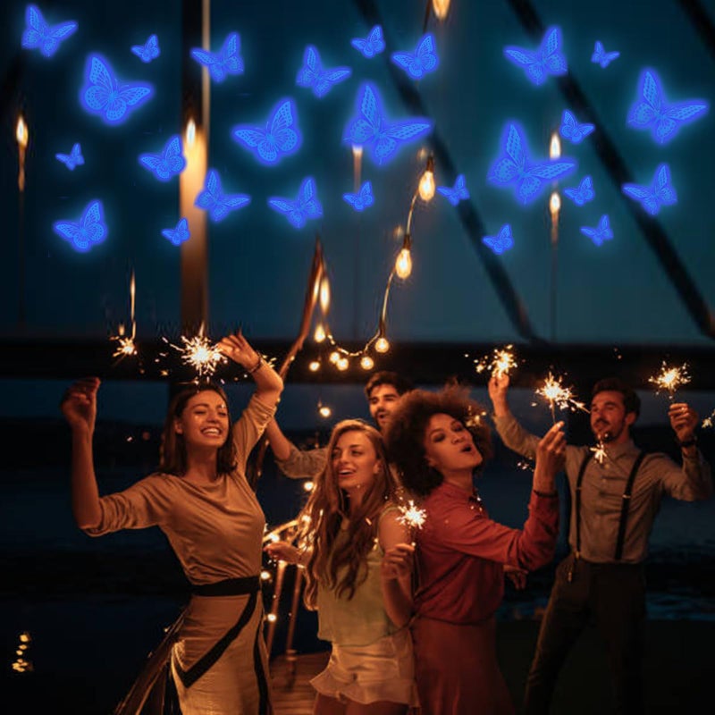 ساوروبيب توهج Saoropeb في الفراشة ثلاثية الأبعاد المظلمة 24 PCS 3 أحجام ملصقات فراشة مضيئة للسقف أو توهج الجدران في الحفلات المظلمة لتوفير ملصقات مضيئة قابلة للإزالة للأطفال الحضانة بابيس (الأزرق) - Image 4