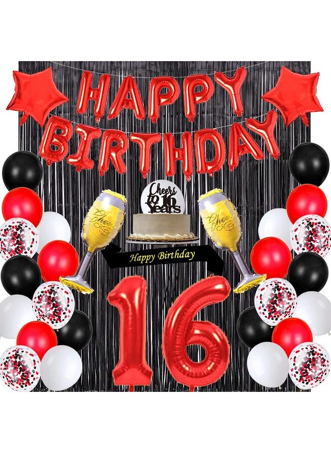 santonila - Red 16Th Birthday Decorations Happy Birthday Banner Sash Cheers To 16 Years Cake Topper Number 16 Confetti Latex Balloons Black Tinsel Foil Fringe Curtains For Girls 16 Years Old Birthday Party - Image 1