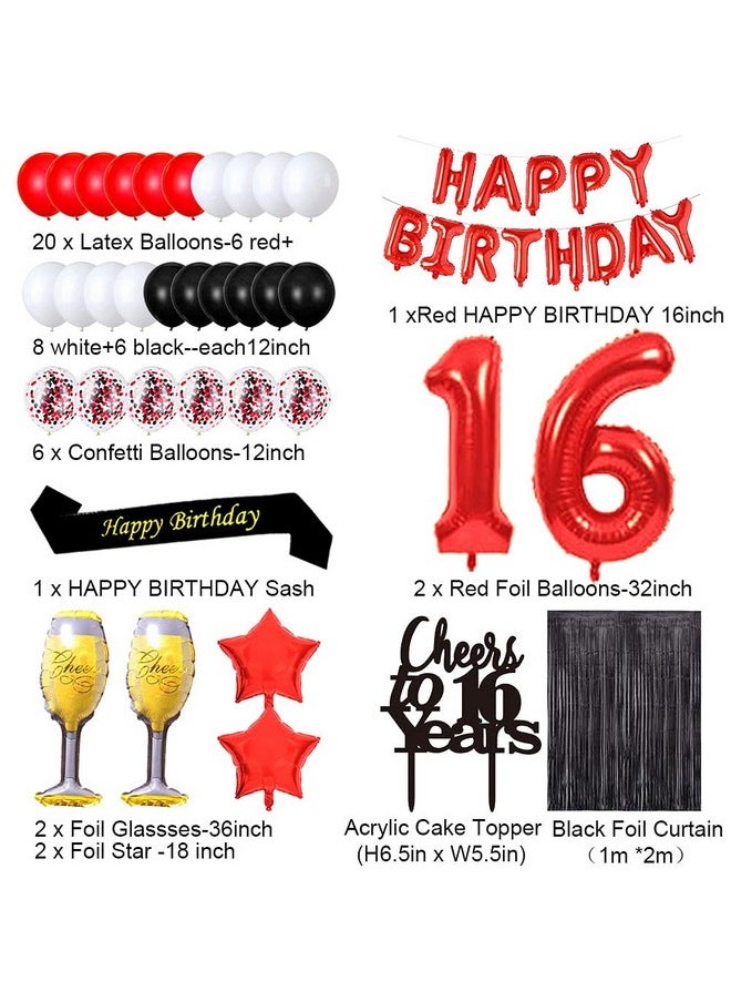 santonila - Red 16Th Birthday Decorations Happy Birthday Banner Sash Cheers To 16 Years Cake Topper Number 16 Confetti Latex Balloons Black Tinsel Foil Fringe Curtains For Girls 16 Years Old Birthday Party - Image 1