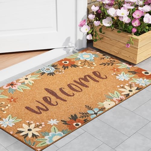 SAKSUN Door Mat Welcome Outdoor Mat: Artificial Coir Doormat for Outdoor Outside Indoor Entrance - Front Door Mats Non-Slip Backing Washable Fall Mat for Home Porch Entry (Floral Welcome Matt, 17"x 30") - Image 1