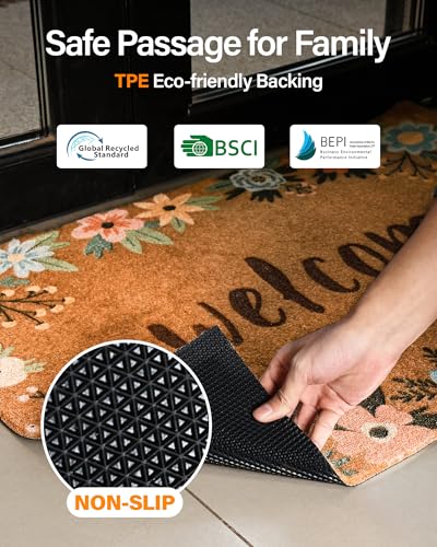 SAKSUN Door Mat Welcome Outdoor Mat: Artificial Coir Doormat for Outdoor Outside Indoor Entrance - Front Door Mats Non-Slip Backing Washable Fall Mat for Home Porch Entry (Floral Welcome Matt, 17"x 30") - Image 2