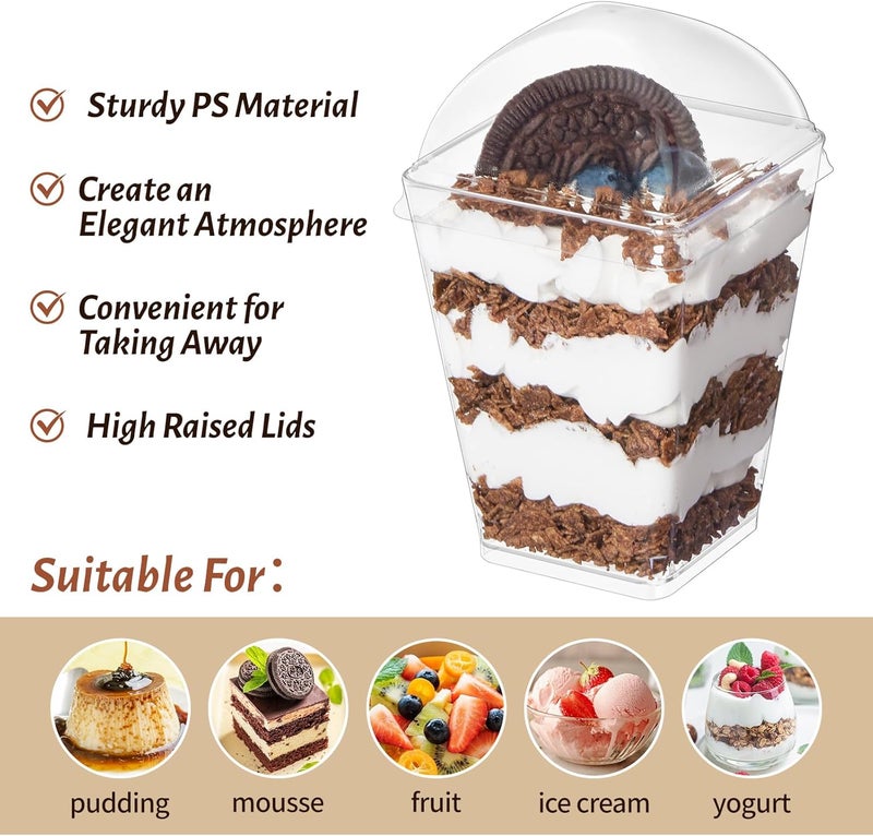 SEOMOU 5oz Plastic Dessert Cups with Dome Lids and Spoons, 50 Pack Mini Clear Parfait Cups Square Party Serving Cup for Pudding, Appetizer, Fruit and Ice Cream - Image 3