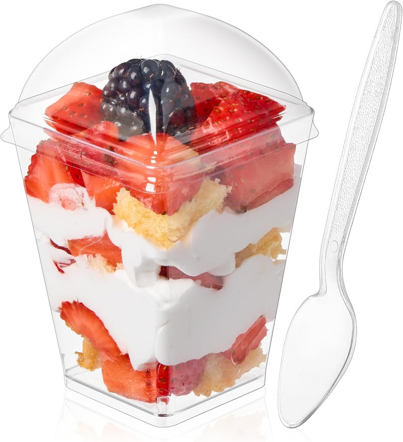 SEOMOU 5oz Plastic Dessert Cups with Dome Lids and Spoons, 50 Pack Mini Clear Parfait Cups Square Party Serving Cup for Pudding, Appetizer, Fruit and Ice Cream - Image 1