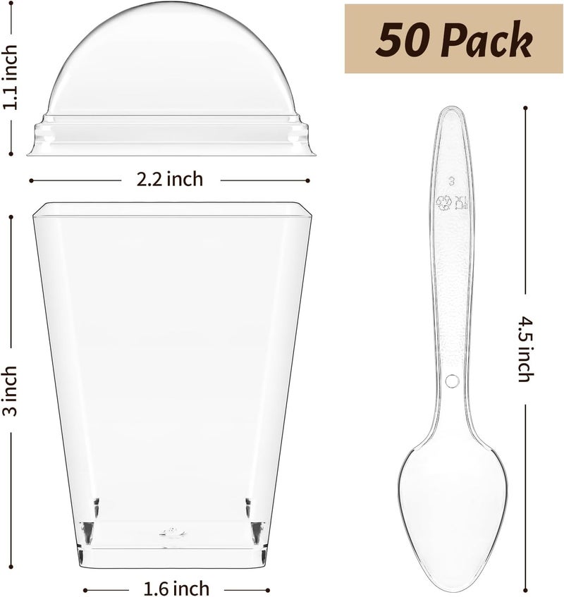 SEOMOU 5oz Plastic Dessert Cups with Dome Lids and Spoons, 50 Pack Mini Clear Parfait Cups Square Party Serving Cup for Pudding, Appetizer, Fruit and Ice Cream - Image 2