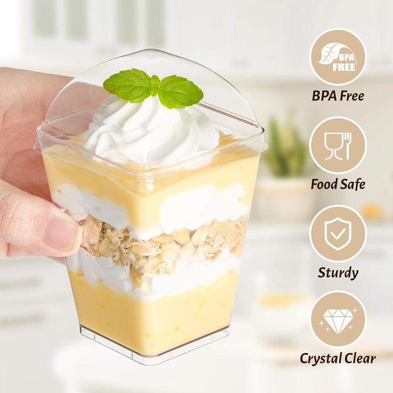 SEOMOU 5oz Plastic Dessert Cups with Dome Lids and Spoons, 50 Pack Mini Clear Parfait Cups Square Party Serving Cup for Pudding, Appetizer, Fruit and Ice Cream - Image 4