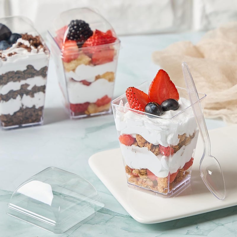 SEOMOU 5oz Plastic Dessert Cups with Dome Lids and Spoons, 50 Pack Mini Clear Parfait Cups Square Party Serving Cup for Pudding, Appetizer, Fruit and Ice Cream - Image 5