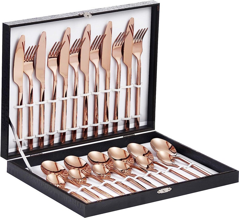 Velaze 24Piece Rose Gold Silverware Set Cutlery Set Stainless Steel Cutlery Set for 6 People Include Dinner Spoon Dinner Fork Dinner Knife and Tea Spoon Mirror Polished Design