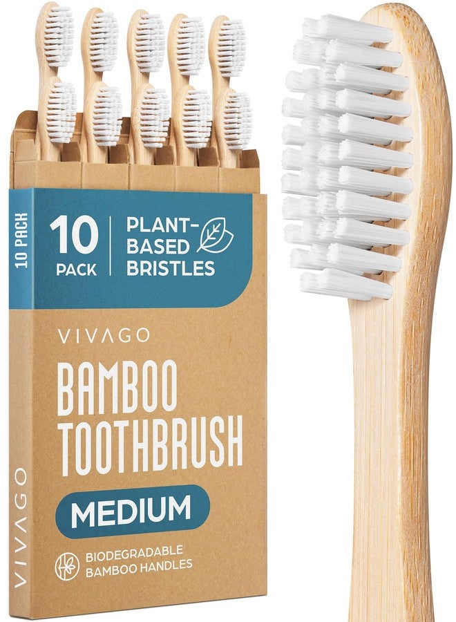 VIVAGO Bamboo Toothbrushes Medium Bristles 10 Pack - Plant-Based Medium Bristles Toothbrushes for Adults - Eco-Friendly, Natural Wooden Toothbrush - Image 1