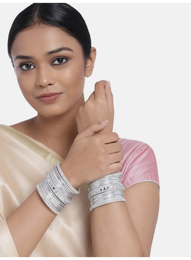 Peora Gold Plated Silver Diamond Metal Chuda Chura Bangle Set Indian Traditional Bridal Wedding Fashion Jewellery for Women Girls Navratri Gift (Size - 2.6) - Image 2