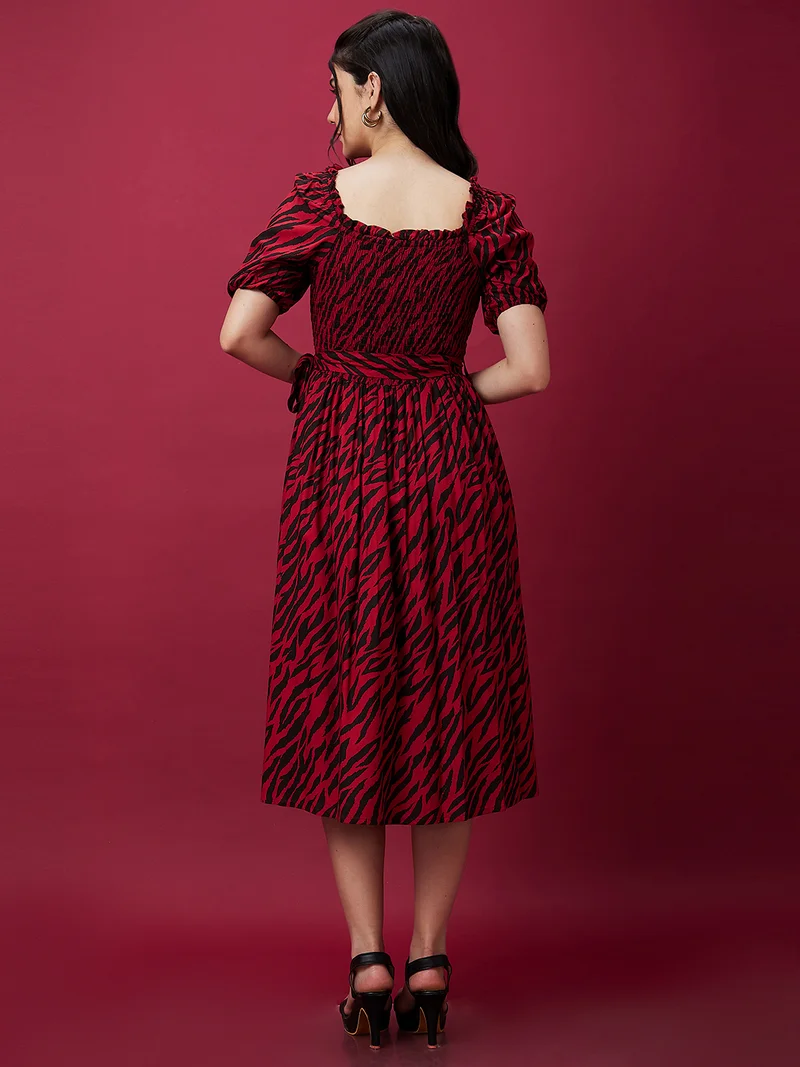 globus Women Animal Print Smocked Fit & Flare Belted Midi Dress