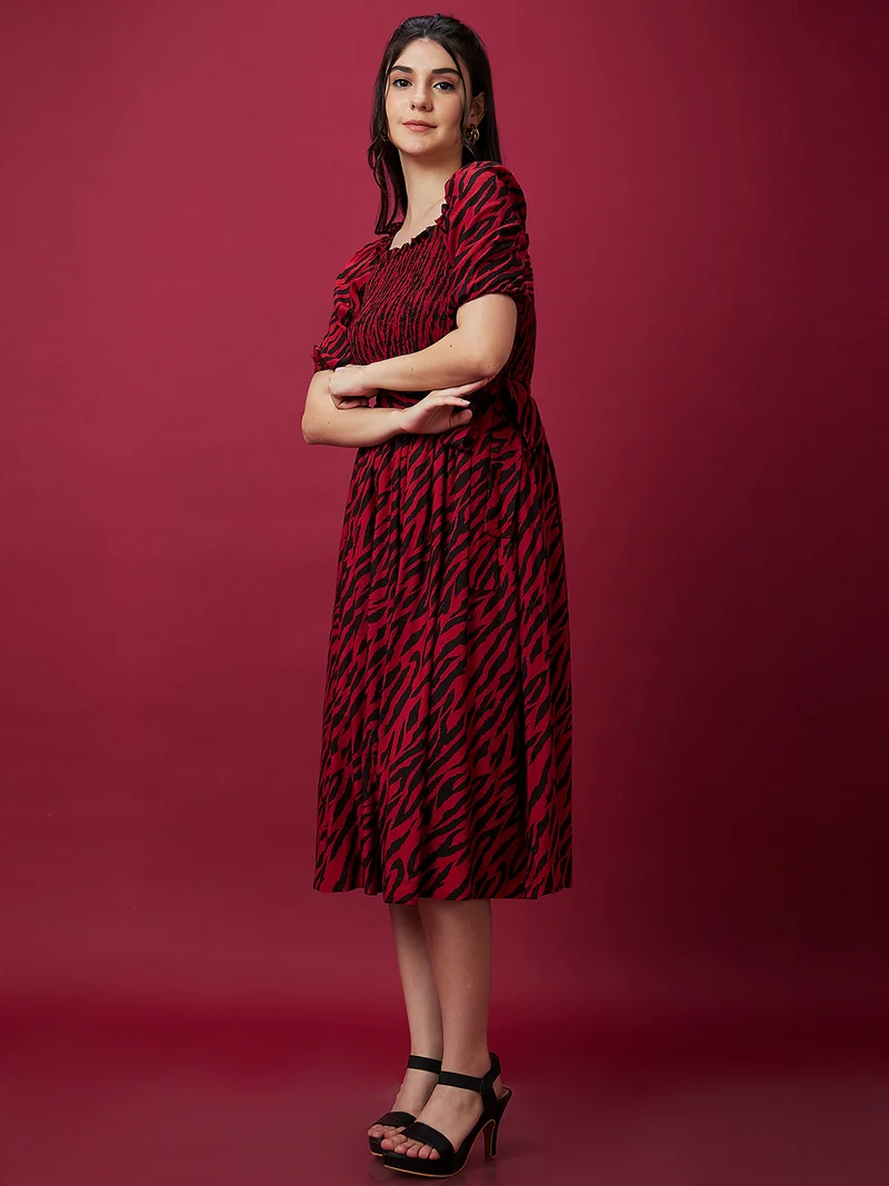 globus Women Animal Print Smocked Fit & Flare Belted Midi Dress