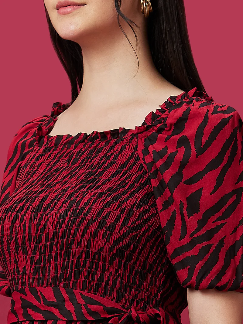 globus Women Animal Print Smocked Fit & Flare Belted Midi Dress
