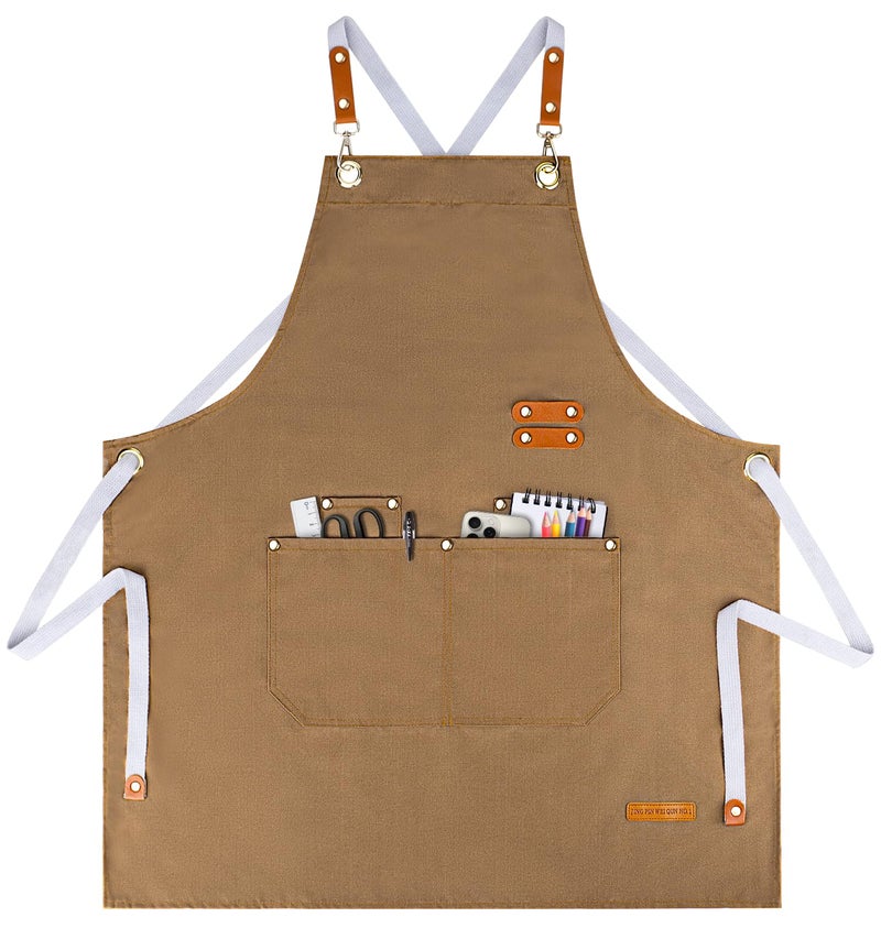 Teskyer Kitchen Cooking Apron with 4 Pockets, Water Oil Resistant, Canvas Cross Back Aprons for Men Women Chef Server - Light Brown - Image 1