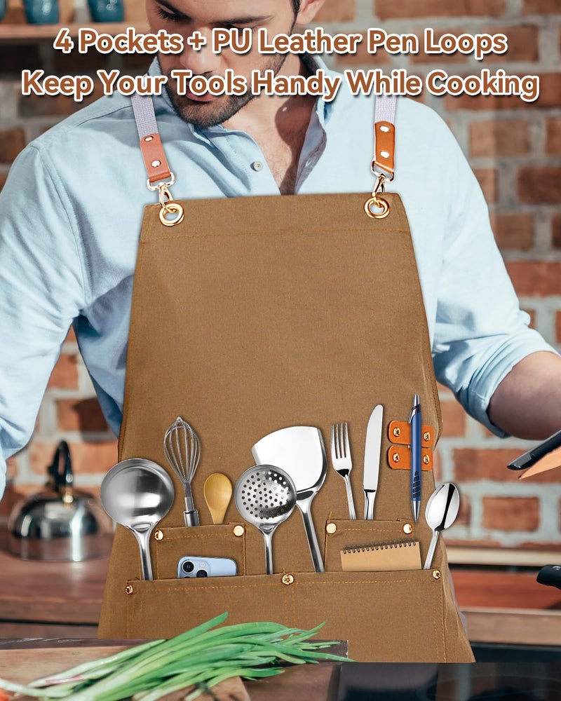 Teskyer Kitchen Cooking Apron with 4 Pockets, Water Oil Resistant, Canvas Cross Back Aprons for Men Women Chef Server - Light Brown - Image 3