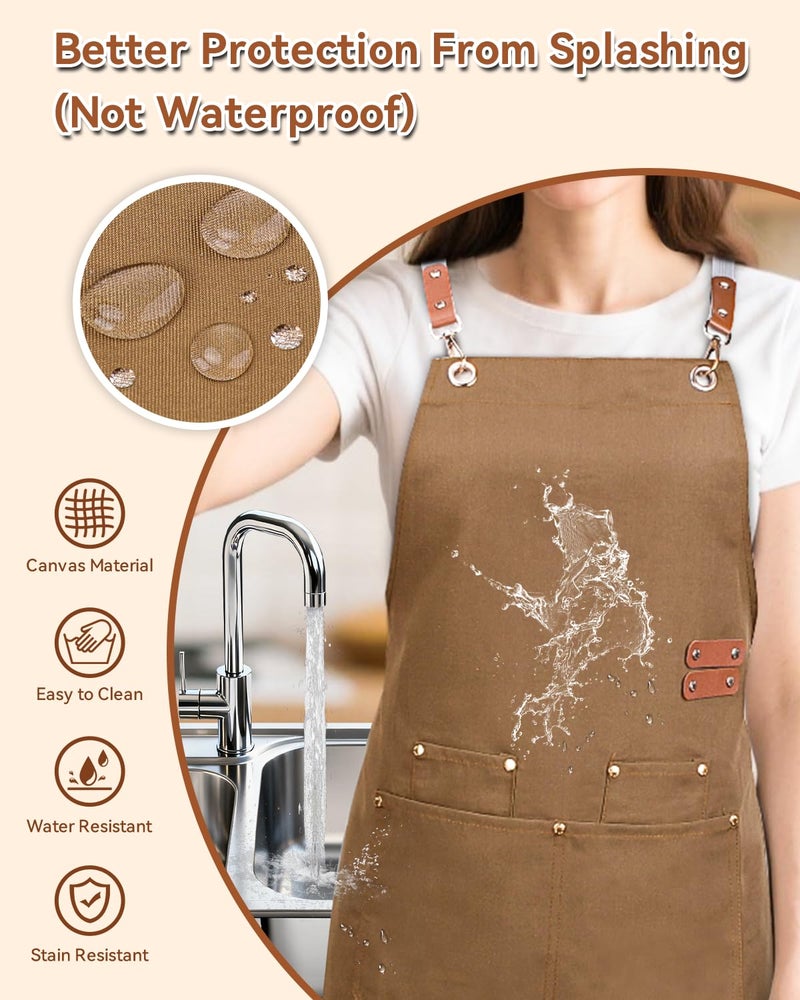 Teskyer Kitchen Cooking Apron with 4 Pockets, Water Oil Resistant, Canvas Cross Back Aprons for Men Women Chef Server - Light Brown - Image 2
