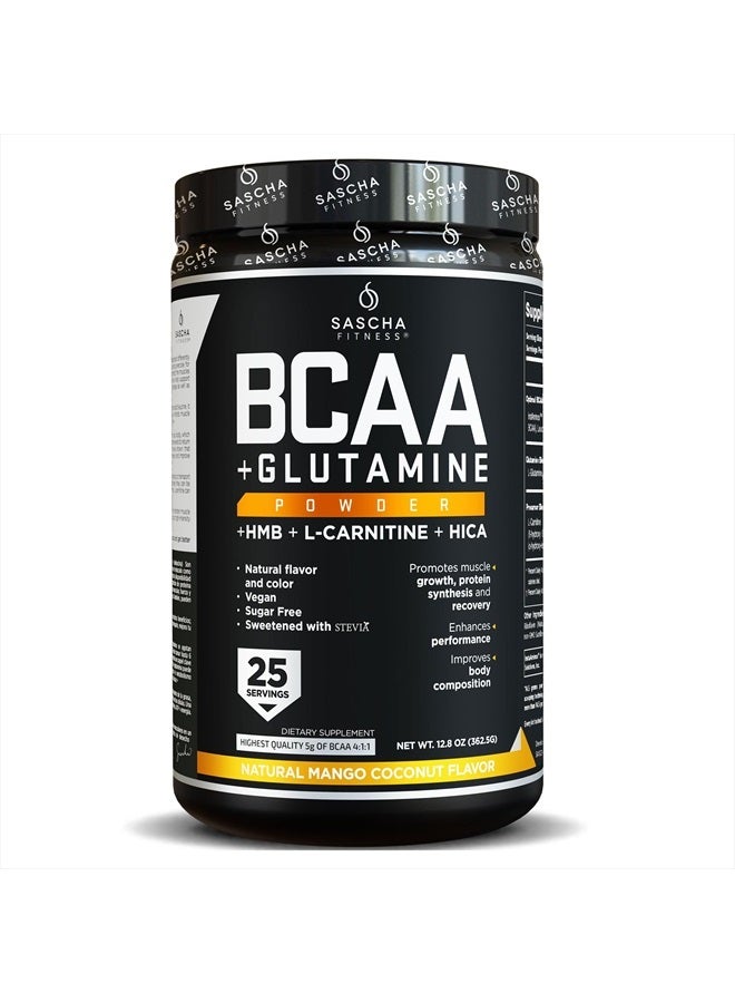 Sascha Fitness BCAA 4:1:1+Glutamine, HMB, L-Carnitine, HICA|Powerful and Instant Powder Blend with Branched Chain Amino Acids(BCAAs)for Pre, Intra and Post-Workout,Natural Mango Coconut Flavor,362.5g