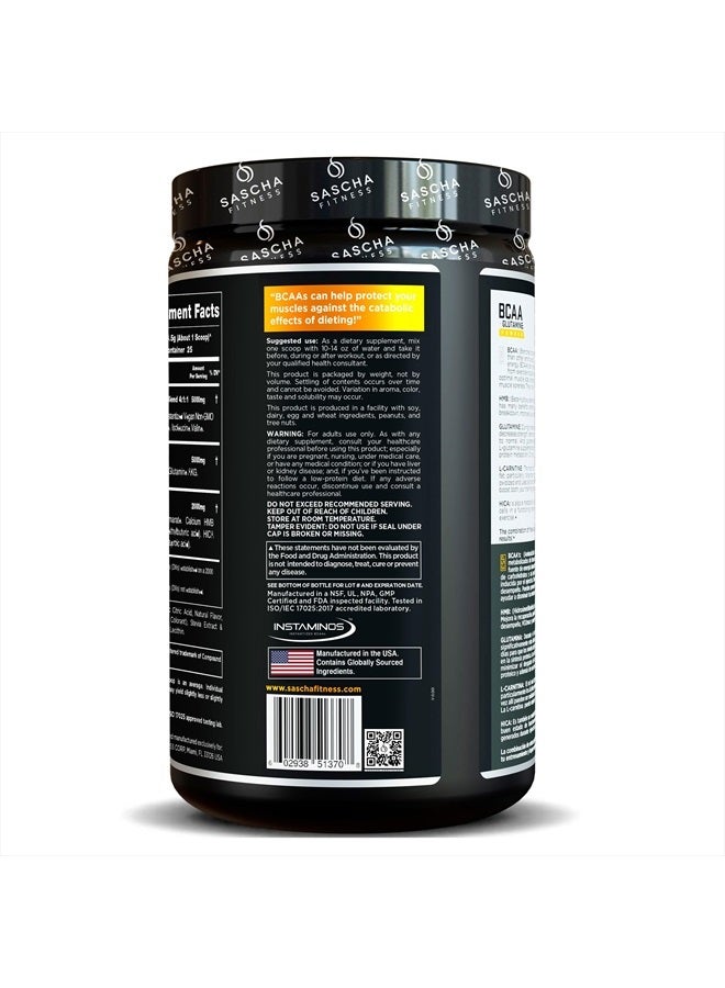 Sascha Fitness BCAA 4:1:1+Glutamine, HMB, L-Carnitine, HICA|Powerful and Instant Powder Blend with Branched Chain Amino Acids(BCAAs)for Pre, Intra and Post-Workout,Natural Mango Coconut Flavor,362.5g