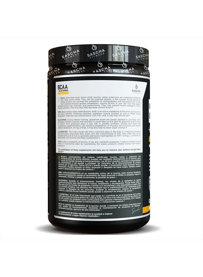 Sascha Fitness BCAA 4:1:1+Glutamine, HMB, L-Carnitine, HICA|Powerful and Instant Powder Blend with Branched Chain Amino Acids(BCAAs)for Pre, Intra and Post-Workout,Natural Mango Coconut Flavor,362.5g