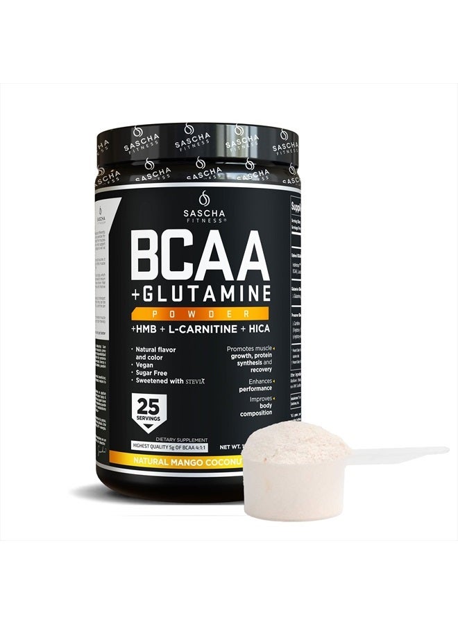 Sascha Fitness BCAA 4:1:1+Glutamine, HMB, L-Carnitine, HICA|Powerful and Instant Powder Blend with Branched Chain Amino Acids(BCAAs)for Pre, Intra and Post-Workout,Natural Mango Coconut Flavor,362.5g