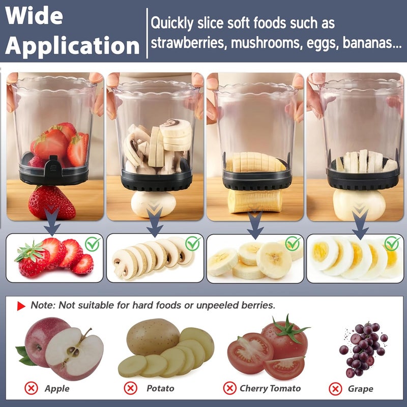 ANSOTHIN Strawberry Slicer Cup with Push Plate, Fruit Cutter Kitchen Gadget for Egg, Kiwi, Banana, Cucumber, Easy Fruit & Vegetable Slicer, Strawberry Cutter Tool for Quick Safe Cutting (Black) - Image 5