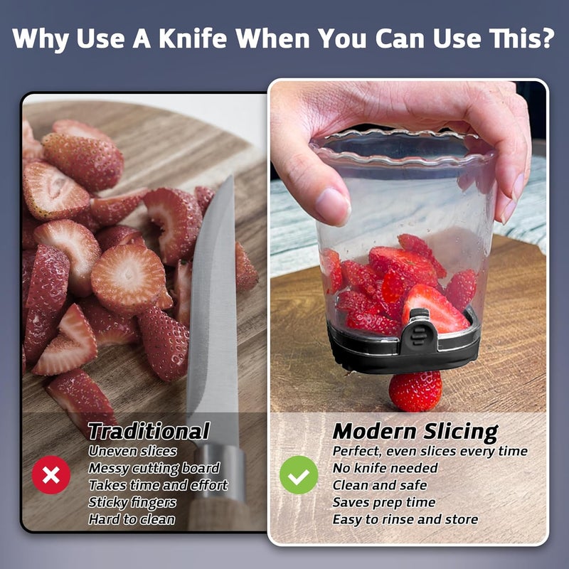 ANSOTHIN Strawberry Slicer Cup with Push Plate, Fruit Cutter Kitchen Gadget for Egg, Kiwi, Banana, Cucumber, Easy Fruit & Vegetable Slicer, Strawberry Cutter Tool for Quick Safe Cutting (Black) - Image 3