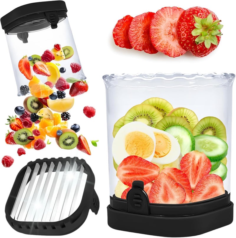 ANSOTHIN Strawberry Slicer Cup with Push Plate, Fruit Cutter Kitchen Gadget for Egg, Kiwi, Banana, Cucumber, Easy Fruit & Vegetable Slicer, Strawberry Cutter Tool for Quick Safe Cutting (Black) - Image 1