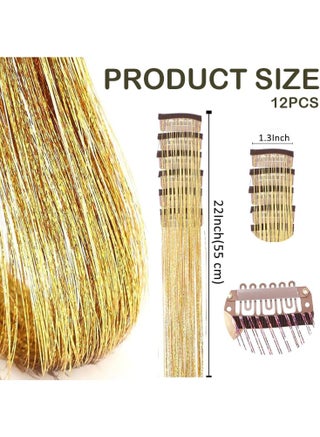 حزمة الشعر Tinsel من 12 قطعة شخصية الشعر Tinsel كليب كيت في 22 بوصة ملحقات الشعر المتلمع كليب حزب مهرجان جني اكسسوارات للبنات النساء والأطفال ﻿   (الذهبي) - view 2